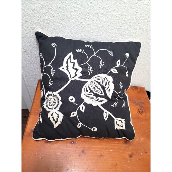 Black & White Floral Embroidered Throw Pillow Cushion 15" x 15" - Picture 4 of 6